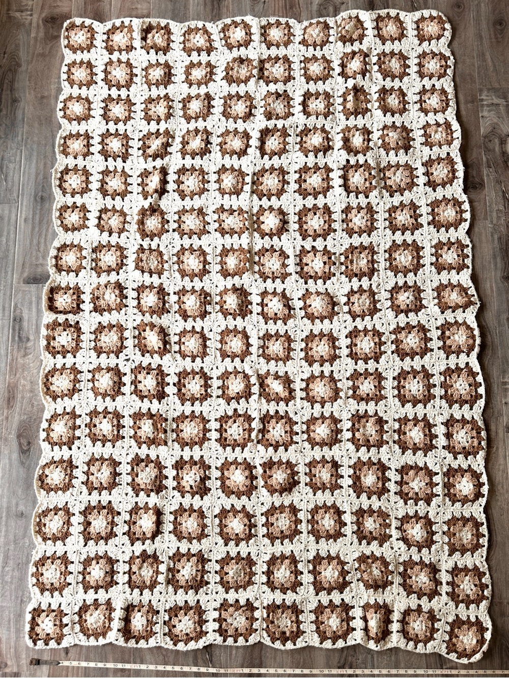 Handmade Crochet Throw Blanket in Cream Beige Brown Retro 70s Neutral